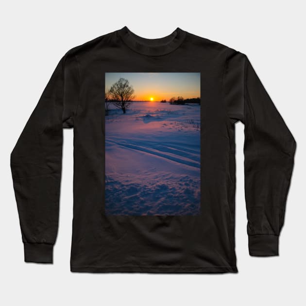 Sunset winter landscape with snow-covered road in violet and pink colors Long Sleeve T-Shirt by Olga Berlet